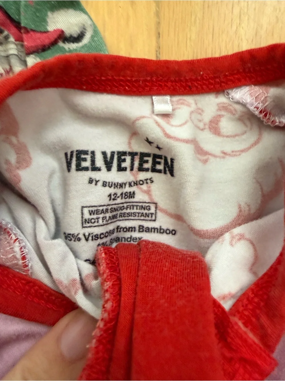 Velveteen Santa Print Kids Footie Pajamas in Green & Pink